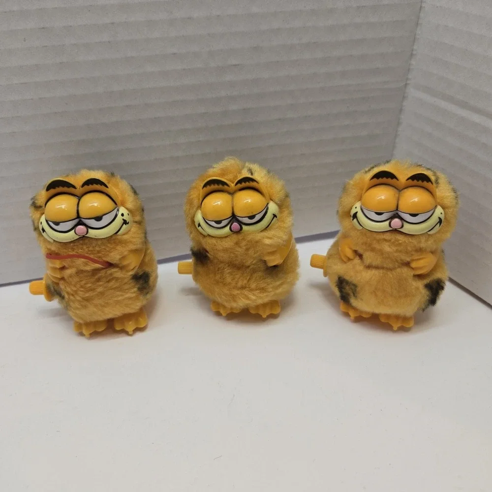 Three GARFIELD Fuzzy‎ Plush Wind Up Hopper Toy 1981 VINTAGE Kats Meow Read
